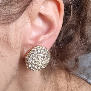 Rare Find Vintage 1980s Nina Ricci Gold-Tone Crystal Pave Round Clip-On Earrings